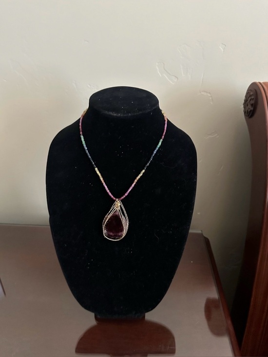 Hand Crafted Jewelry - Hand Crafted Gold Wire Teardrop Watermelon Tourmaline & genuine Sapphire beads